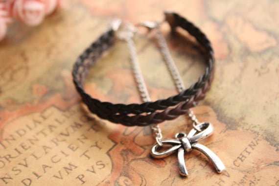 butterfly tie bracelet,retro silver butterfly tie pendant alloy bracelet,black and brown leather braid bracelet---B121
