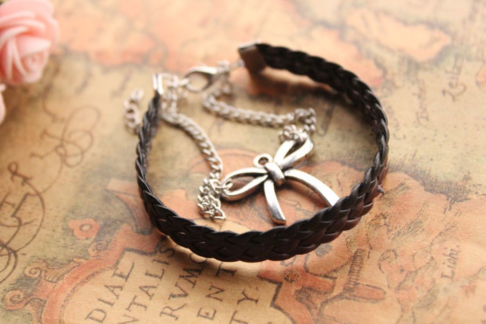 butterfly tie bracelet,retro silver butterfly tie pendant alloy bracelet,black and brown leather braid bracelet---B121