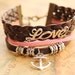 Port of love,retro silver love letters and anchor bracelet,yellow braid leather bracelet,brown leather chain---B094