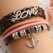 Port of love,retro silver love letters and anchor bracelet,yellow braid leather bracelet,brown leather chain---B094