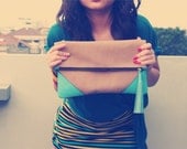 Oversized Suede Leather Clutch in Aqua Blue