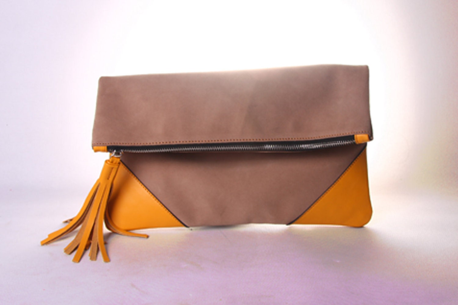 Oversized Suede Leather Clutch in Mustard