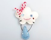 Smiley Cloud with rain drop pin button - made from felt decorated with beads and cotton. MADE TO ORDER