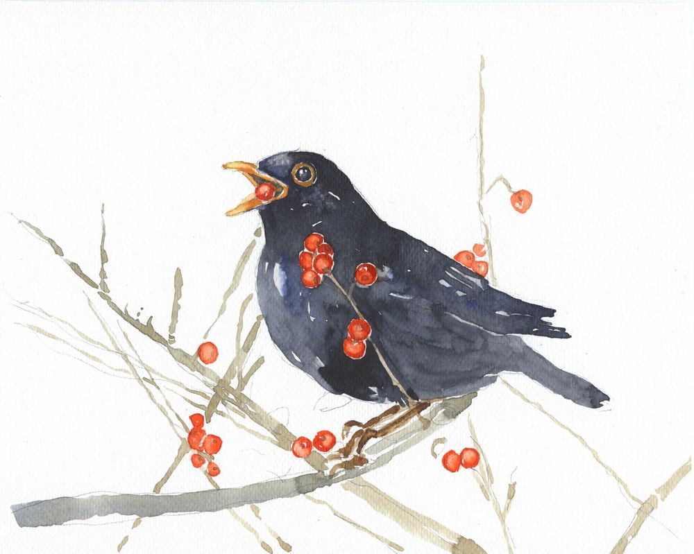 BLACKBIRD ORIGINAL Watercolor painting by Eva Forest 8x10 inches