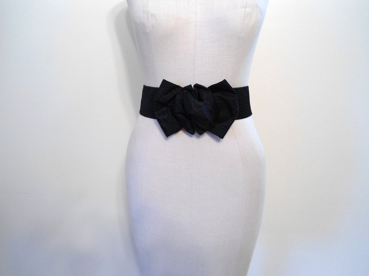 Black Satin Elastic Belt with Gross Grain Ribbon Bow