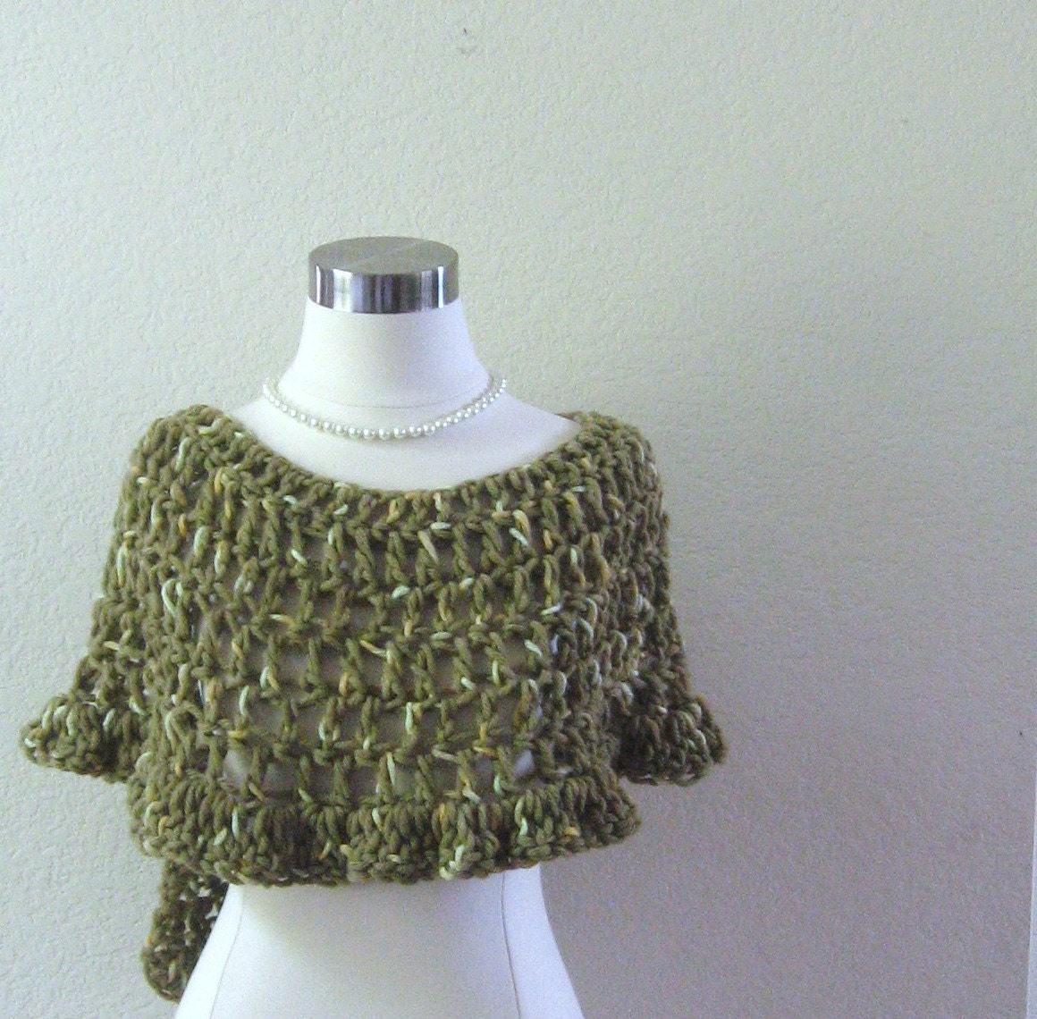 GREEN PONCHO CAPELET Crochet Fashion Flower Brooch Organic Peruvian Yarn Green Olive Modern Chic Feminine Handmade in America Fall Winter