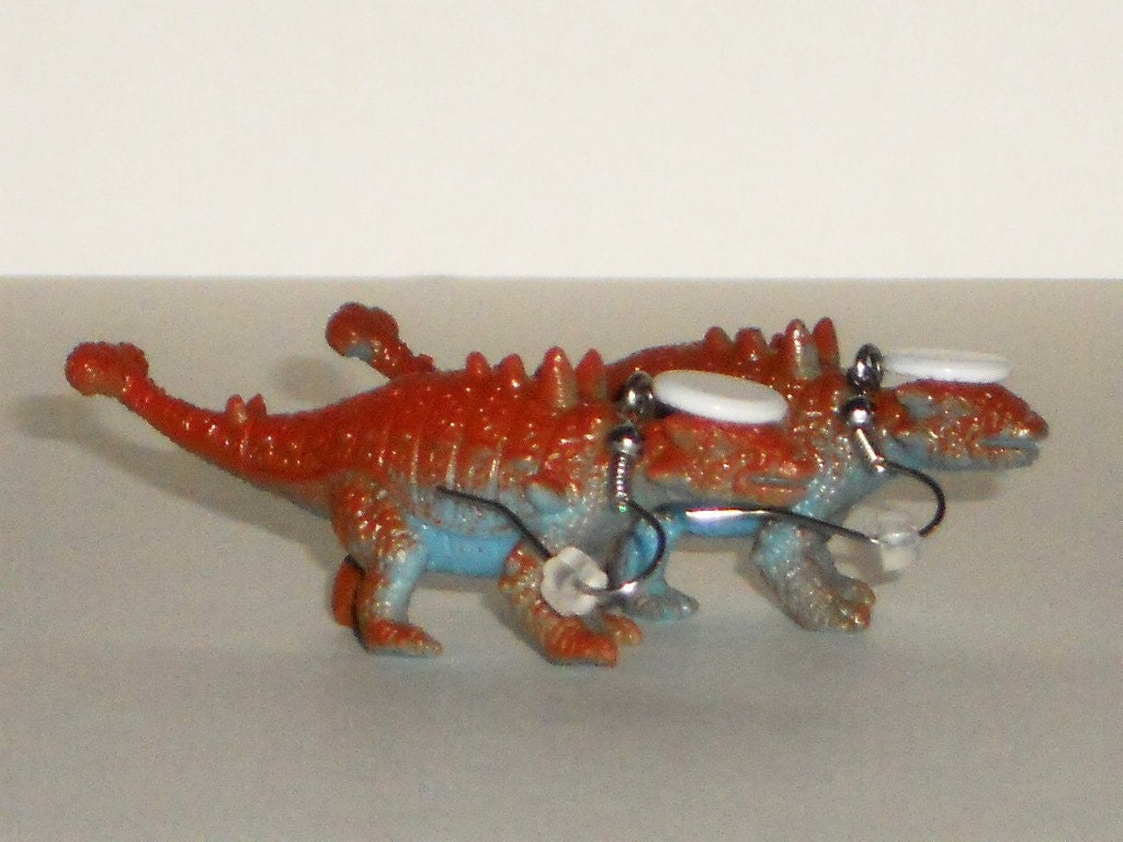 Dinosaur Earrings  "DinoLids" Dinosaur with White Hat Geekery Plastic Toy Dinosaur Repurposed Brown Dinosaur