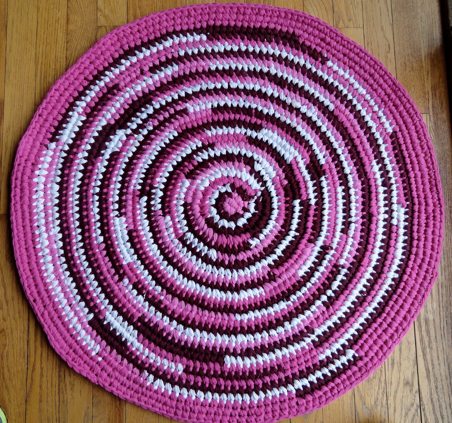 Pink and White Recycled T-Shirt Rag Rug -- Round, Cotton