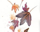 Orange & Red Autumn Leaf Watercolour Zentangle Art Drawing 8x10" Print (unframed)