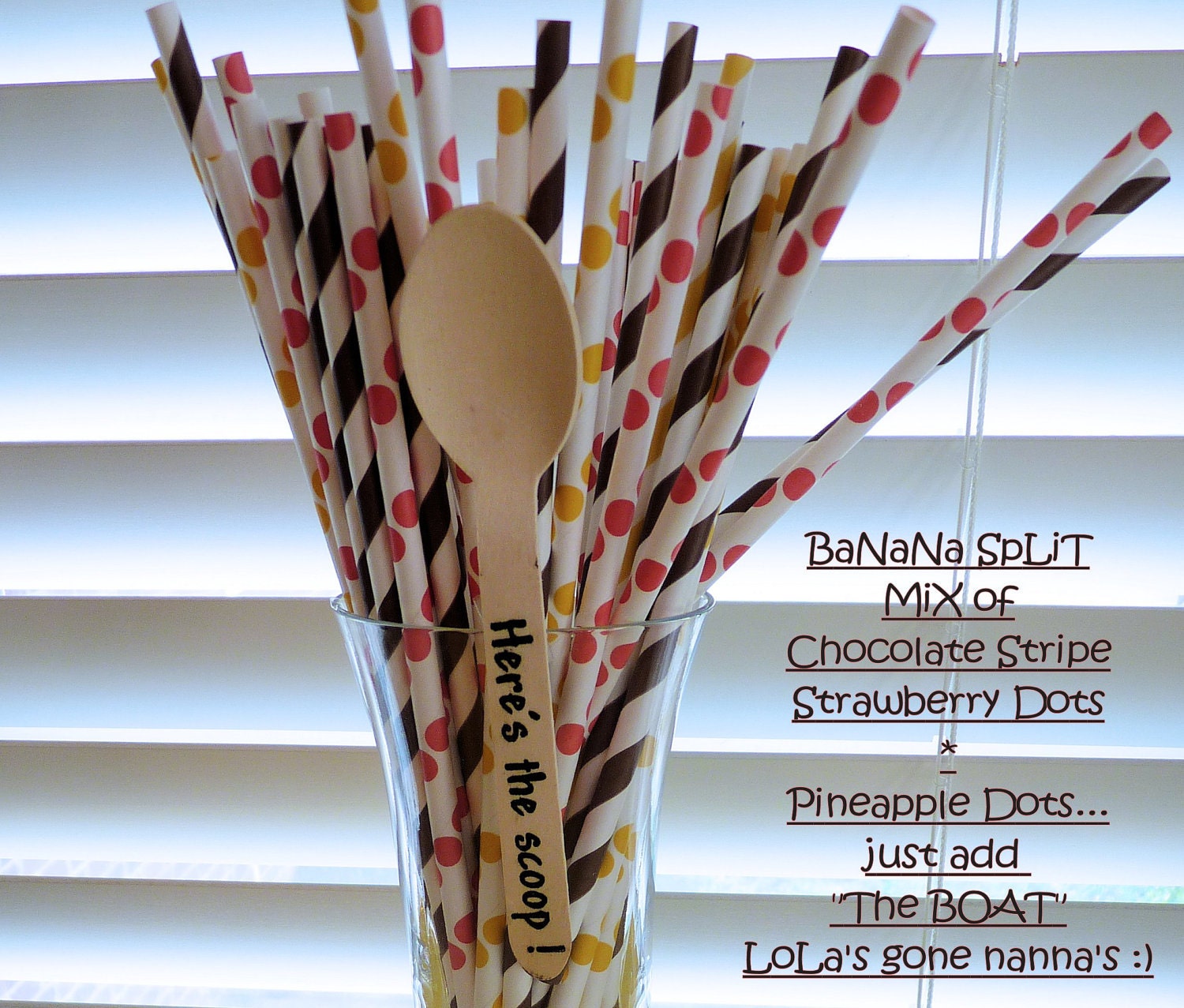 12 BaNaNa SPLIT BOATS just add 3 ScOoPs of HaPpY:) Perfect With Our Wood Custom Ice Crem Spoons, Lemonade, Party, Pool, Retro Sundae