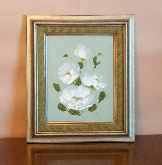 Vintage painting FLORAL original signed and framed still life flowers olive green white framed artwork