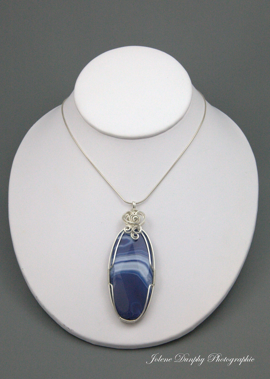 Silver Wrapped Blue Agate Pendant on Chain