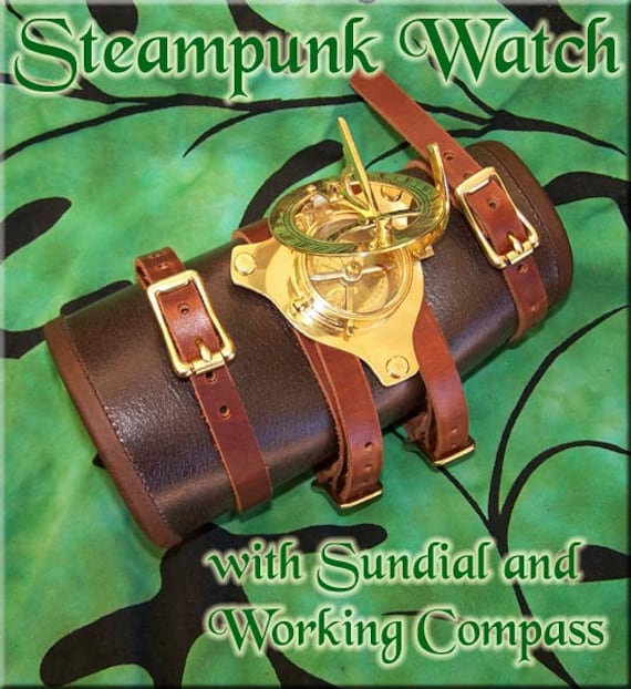 Leather Steampunk Watch Bracer - sundial and compass