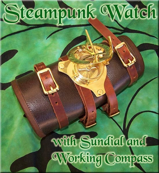 Leather Steampunk Watch Bracer - sundial and compass