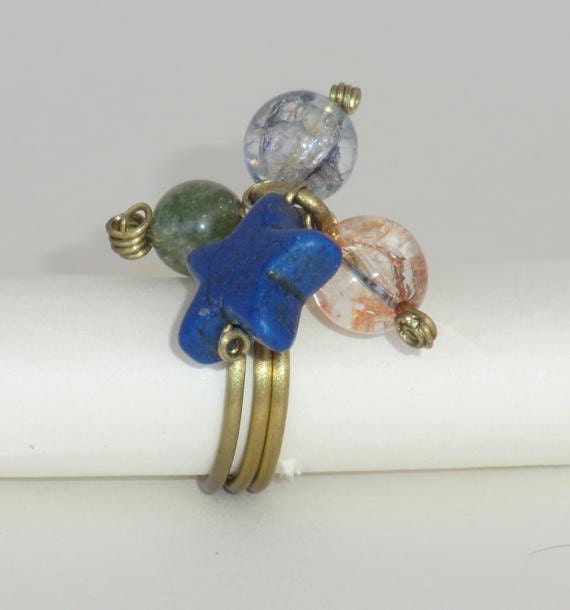 Bronze wire ring with Czech glass beads and howlite star. Mother's day gift.