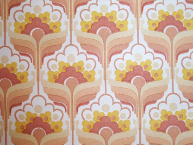 Super Cute Pink Vintage Wallpaper Roll - Yellow Flower Retro Pattern 1970s Europe - A Full Roll 10m