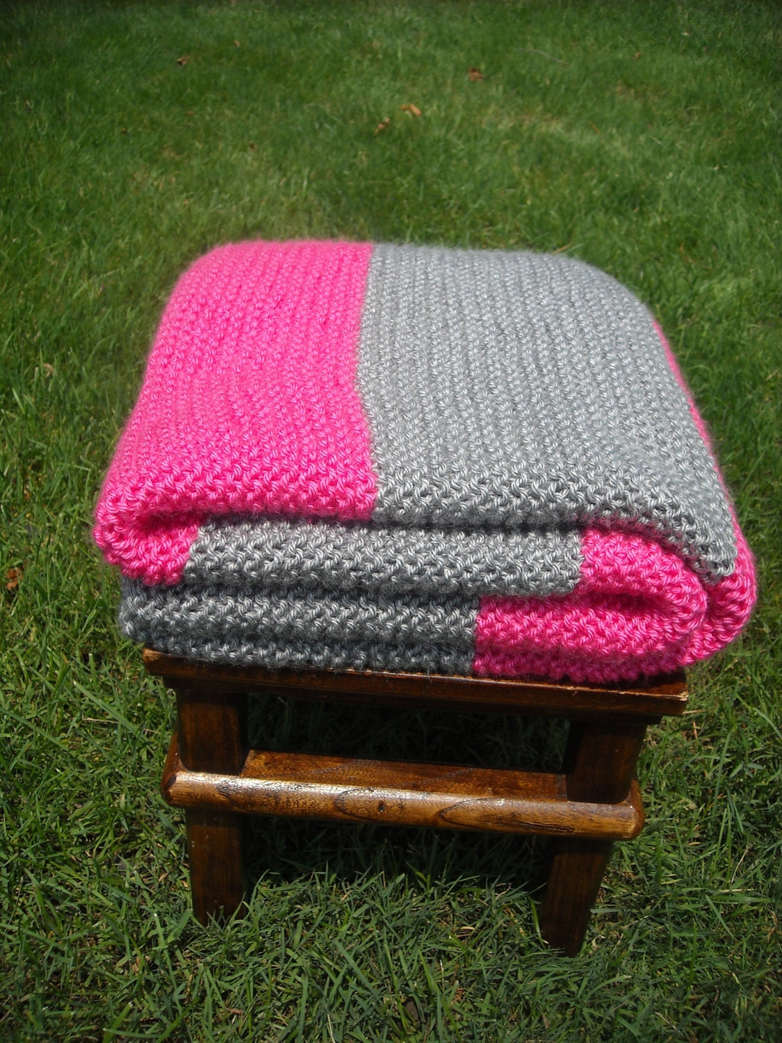 RESERVED FOR ANGELA Hand Knit, Baby Blanket, Hot Pink & Grey Stripes, Simple, Modern, Swaddle, Free Shipping