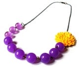 Yellow Crysanthemum and Purple Round Bead Asymmetrical Necklace