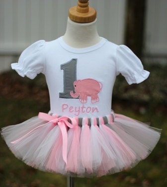 Personalized Elephant Pink and Grey Birthday Tutu Outfit