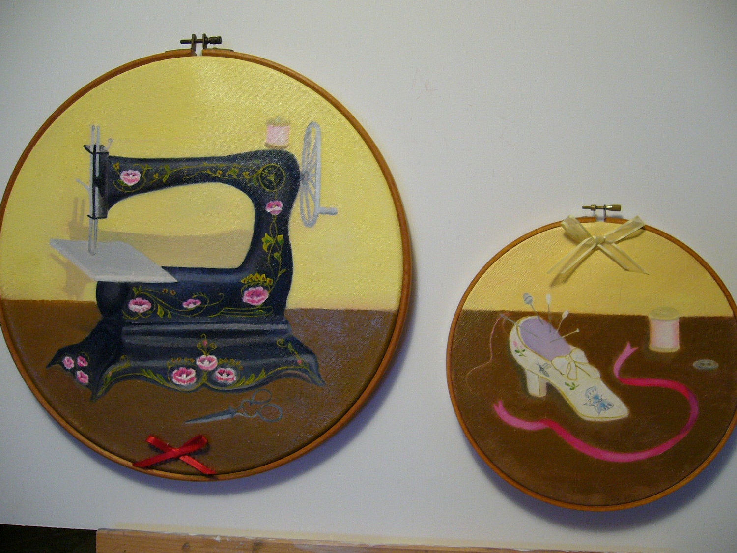 LOVE TO SEW-Antique Sewing Machine and Pin Cushion on Embroidery Hoops- Fine Art