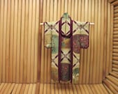 5 inch Kimono "Renaissance." Fabric Origami Kimono Ornament: Gold, Green, Burgundy Fabric, Abstract Lattice. Perfect for framing.