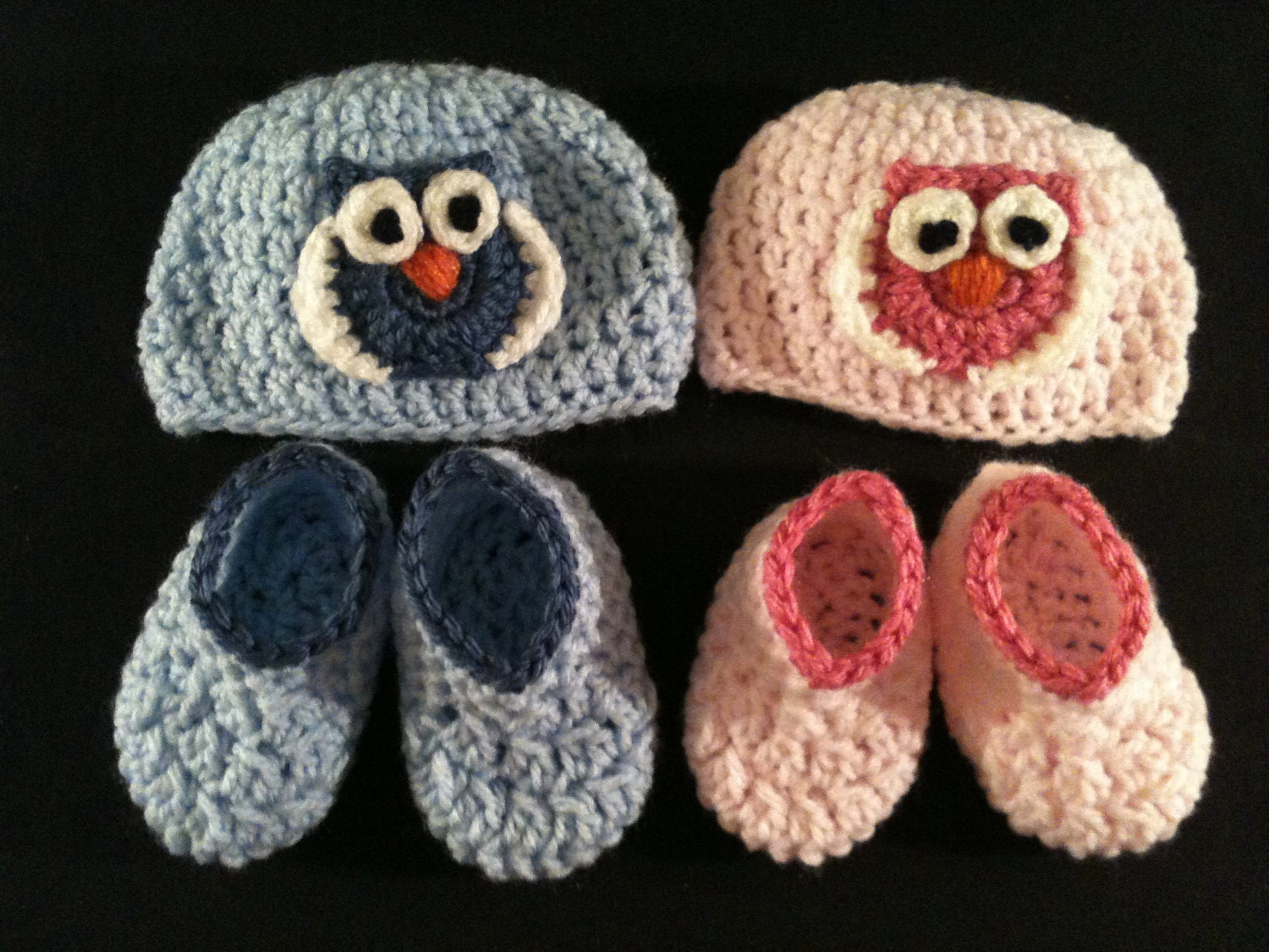 Twin Owls Beanie and Booties Set for Preemie Size Boy and Girl