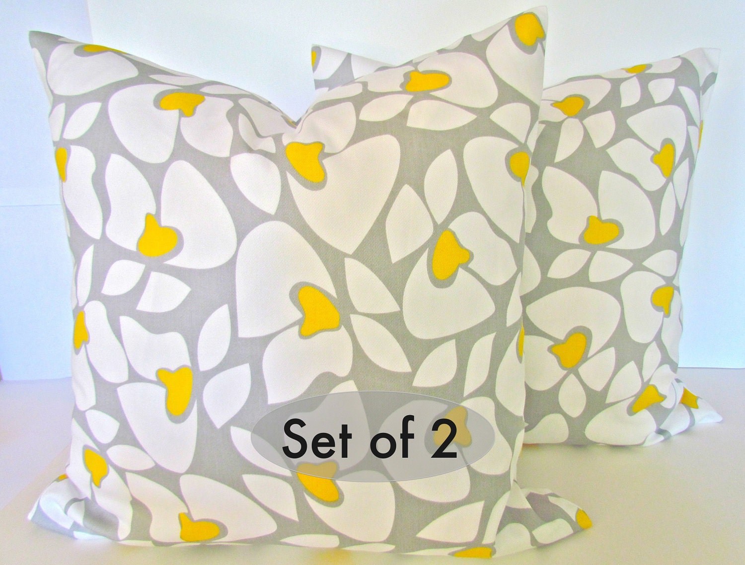 SET Of 2 GRAY Yellow PILLOWS  20 x 20  Modern accent Decorative Throw Pillow Cover Floral 20x20 Fabric front & back