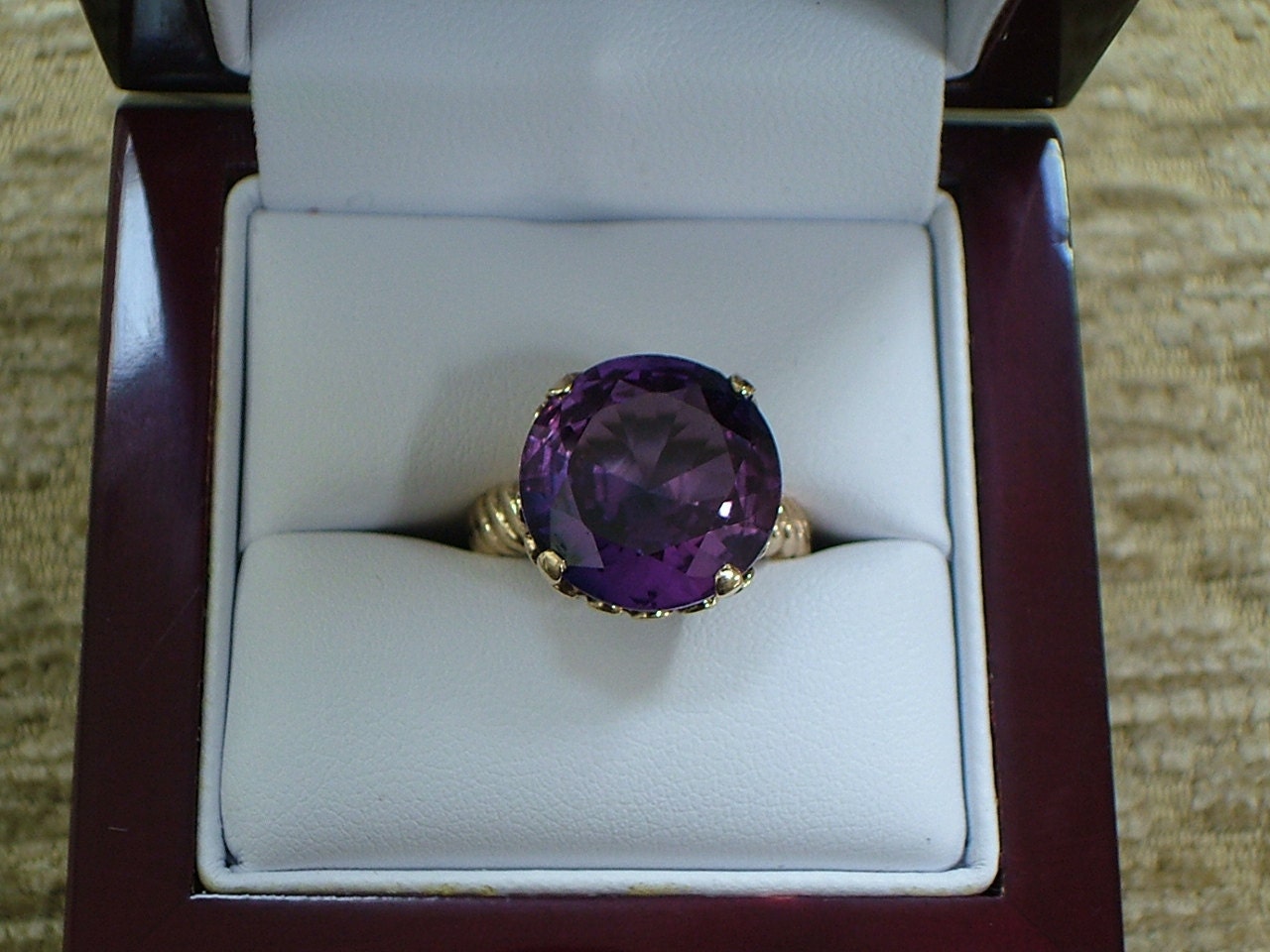 Vintage Estate Amethyst Cocktail Ring 10k Gold Dark Deep Purple Stone 14mm round set in 10 karat gold RESERVED FOR CHARLOTTE