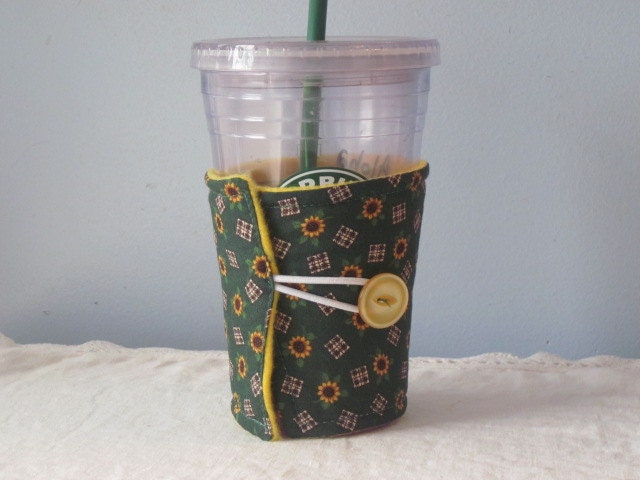 Large COZY  Cup CUFF  Dark Green and Yellow SUNFLOWER