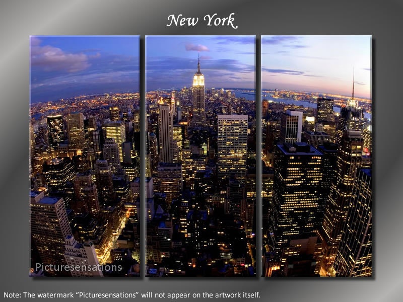 Framed Huge 3 Panel City Skyline Manhattan New York Giclee Canvas Print - Ready to Hang