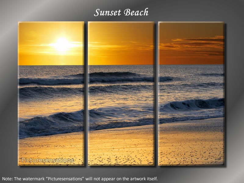 Framed Huge 3 Panel Ocean Wave Sunset Beach Giclee Canvas Print - Ready to Hang