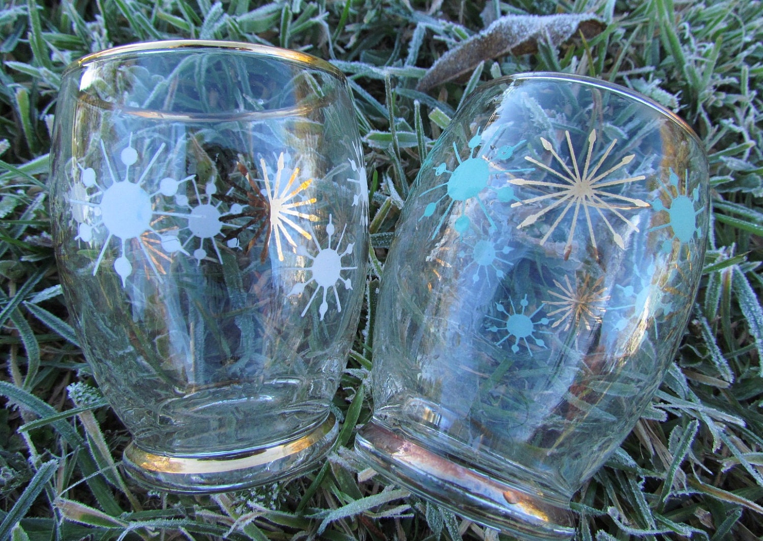 Two Delicate Mid Century Gilded Starburst Glasses