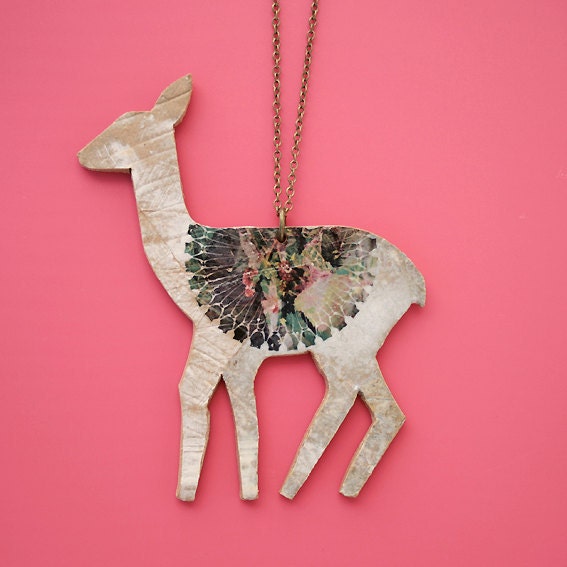 Handmade deer pendant. Stoneware modern necklace.
