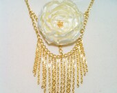 Gold Fringe Statement Flower Fabric Necklace, Unique Jewelry