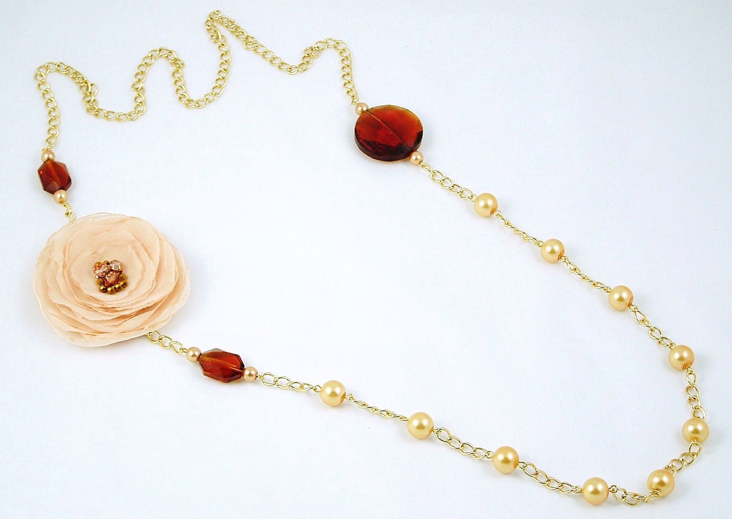 Peach Statement Flower Fabric Necklace, Unique Jewelry