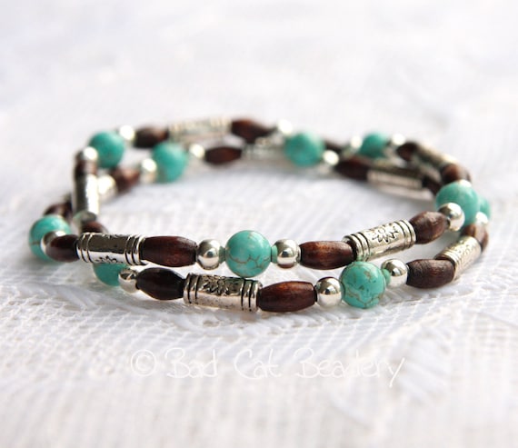 Two Boho Chic Turquoise Stretch Bead Stack Bracelets with Dark Brown and Tibetan Silver and Silver Plated Beads