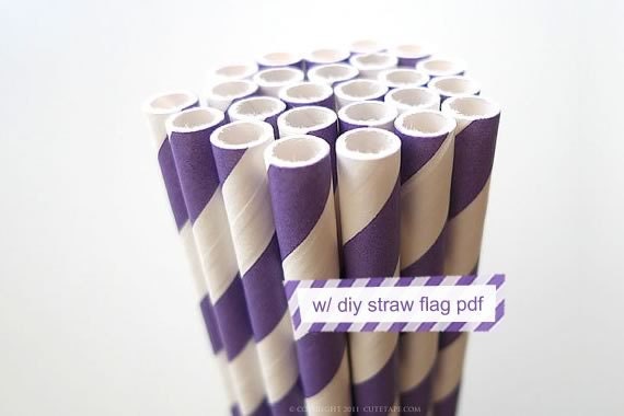 Striped PURPLE Paper Straws Purple and White Stripe - set of 25 Purple Straws w/ DIY Straw Flag PDF Party Decorations