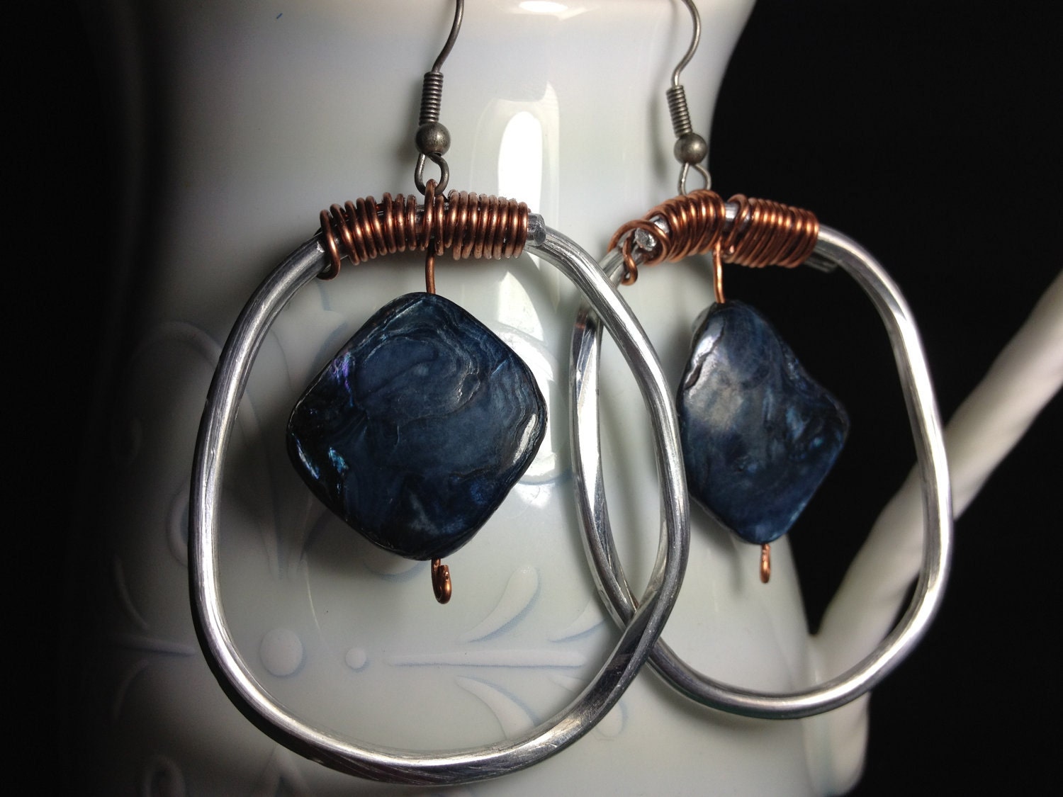 Aluminum Earrings wrapped in Copper wire With cool blue sea shells