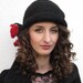 Black Hand Felted Cloche Hat with Red Flowers Poppy Floral  Warm Wool Silk Retro