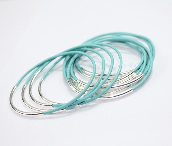 Turquoise leather bangles, silver tubes with turquoise real leather
