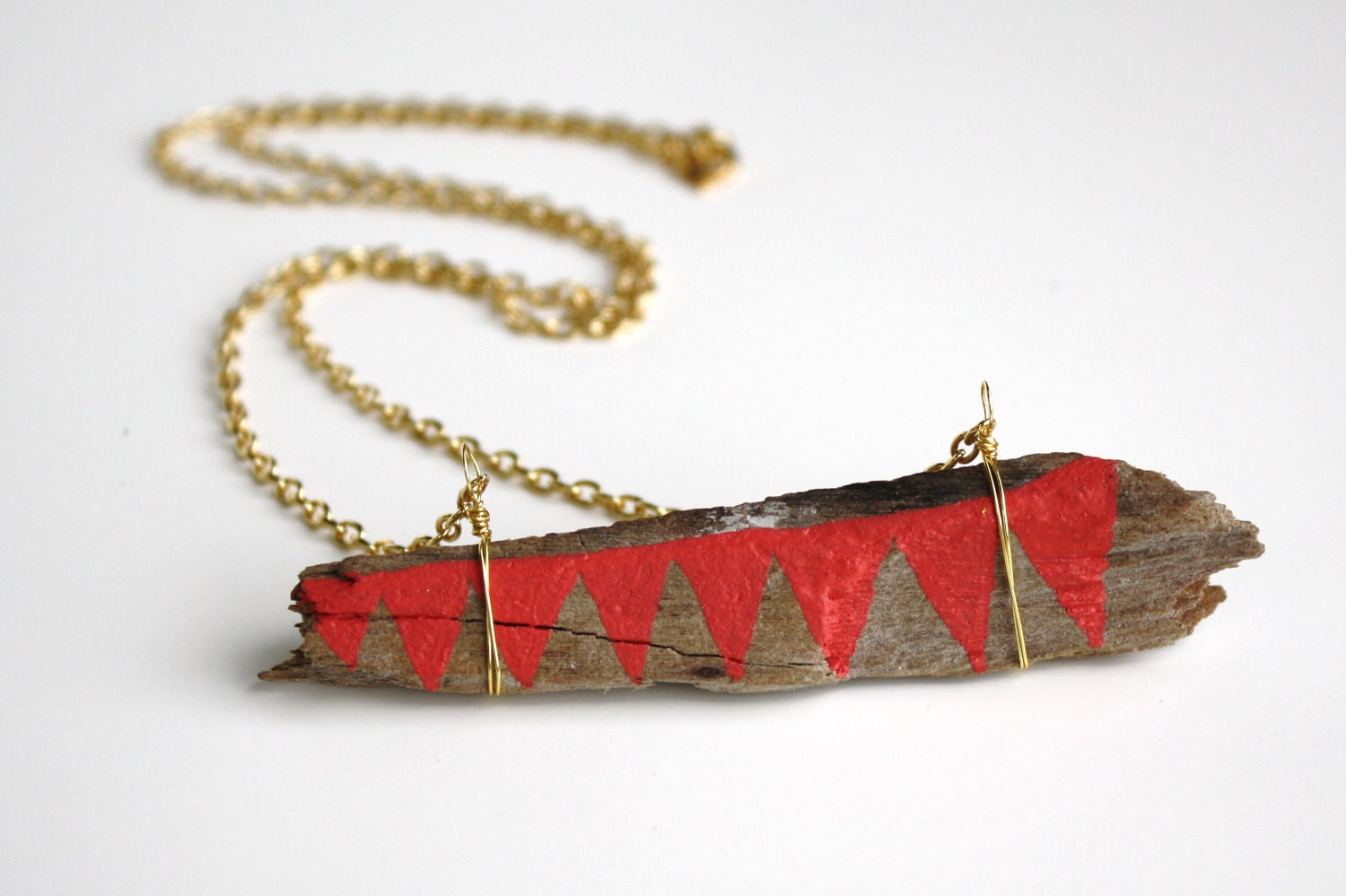 Driftwood Necklace Bar Necklace in Coral Pink Hand Painted Tribal Geometry Bunting Garland