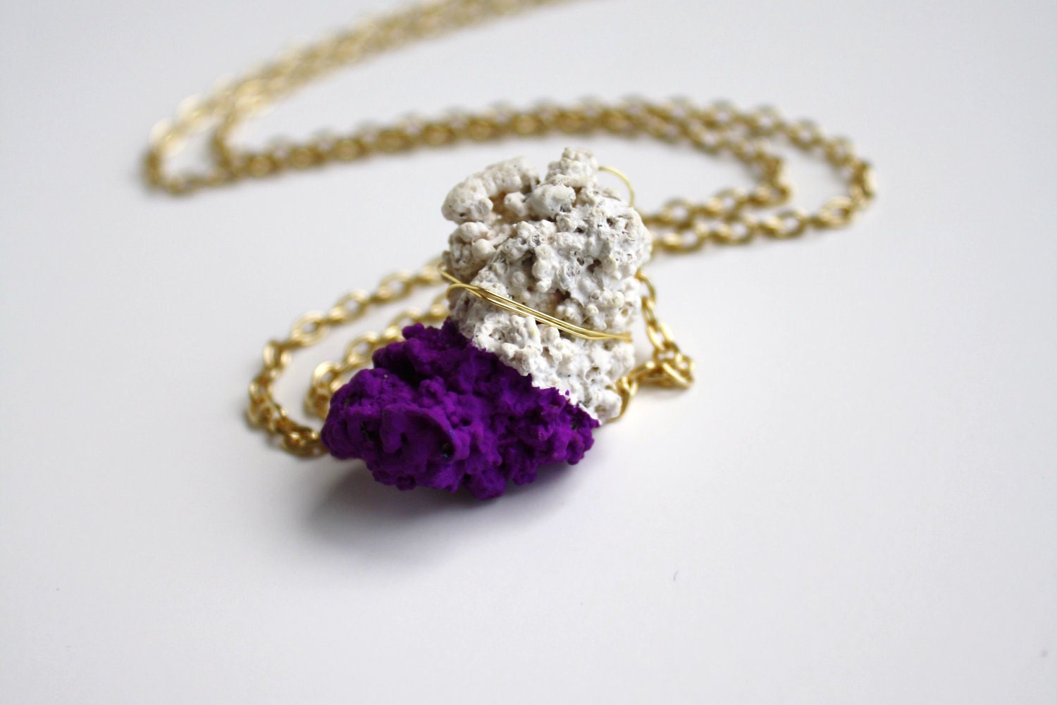 Coral Necklace - Pendant -  Purple and White - Fluorescent Dipped Color Block