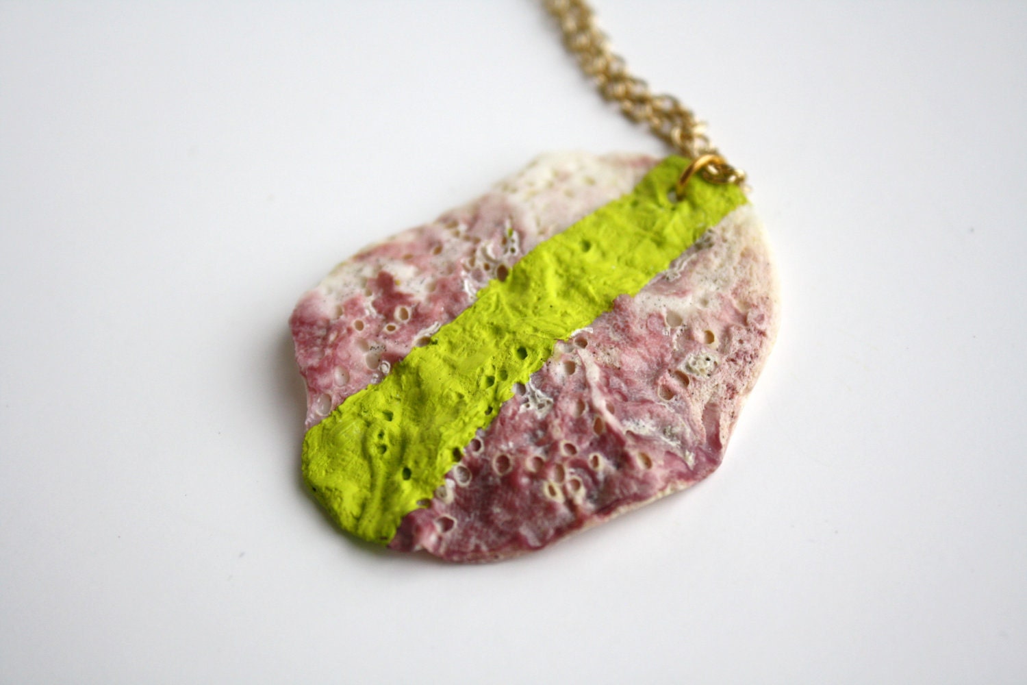 Sea Shell Necklace Pendant - Neon Lime Acid Green Striped