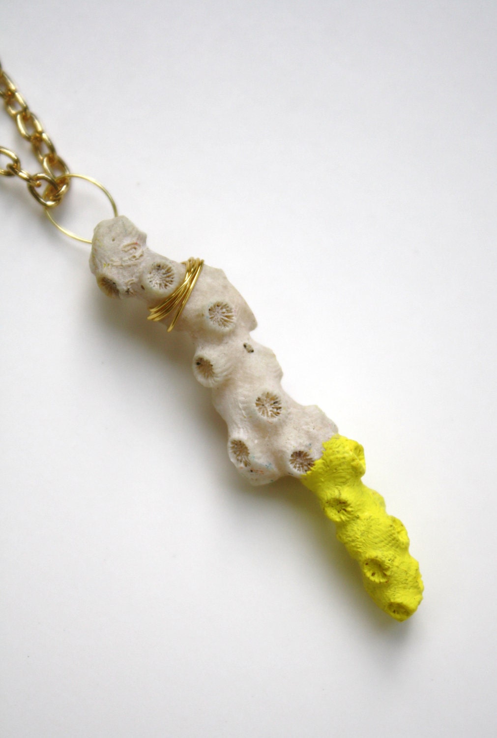 Coral Necklace in Lemon Yellow and White Dipped Color Block Pendant
