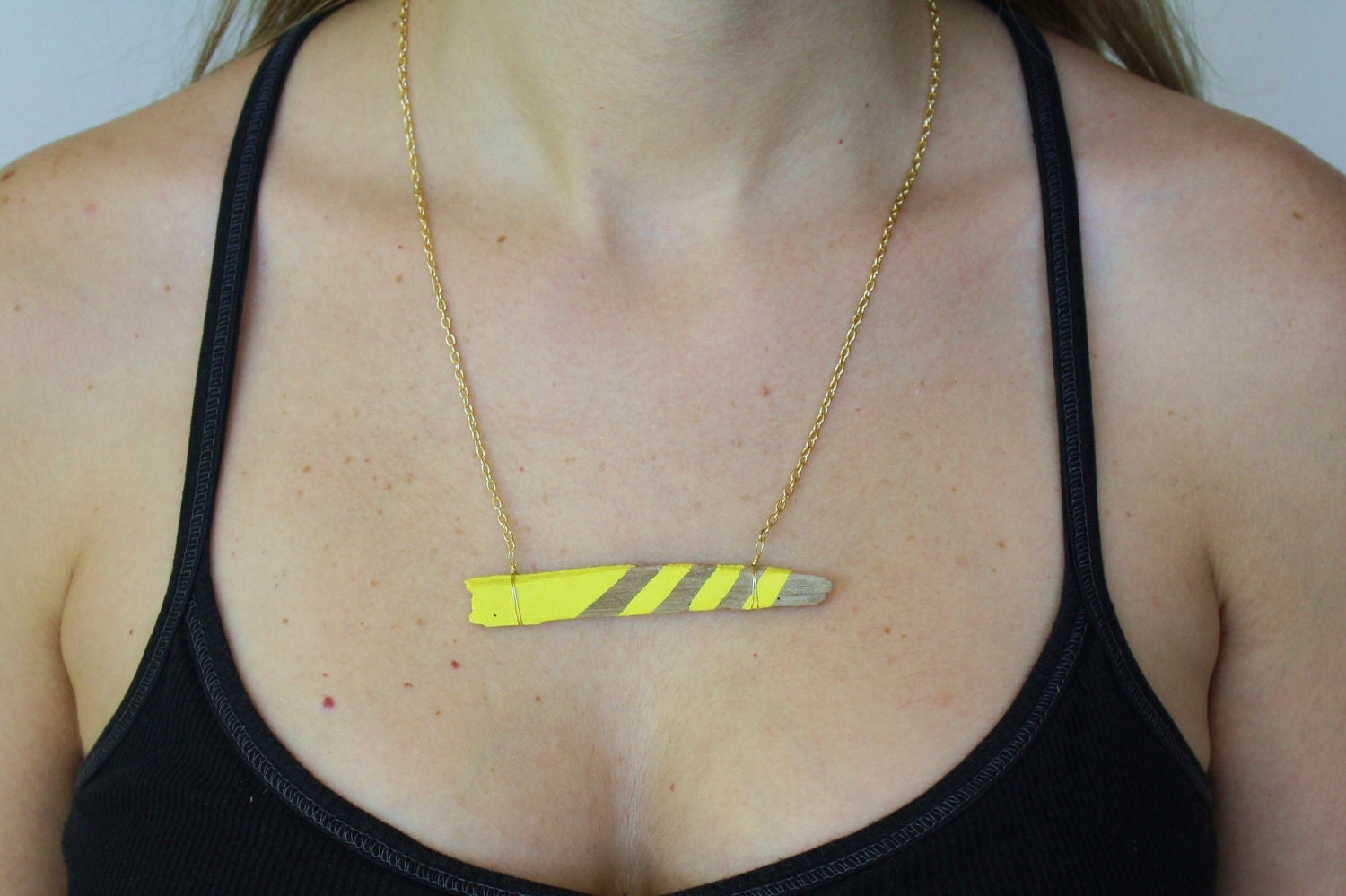 Driftwood Necklace Bar Necklace Lemon Yellow Color Block Striped
