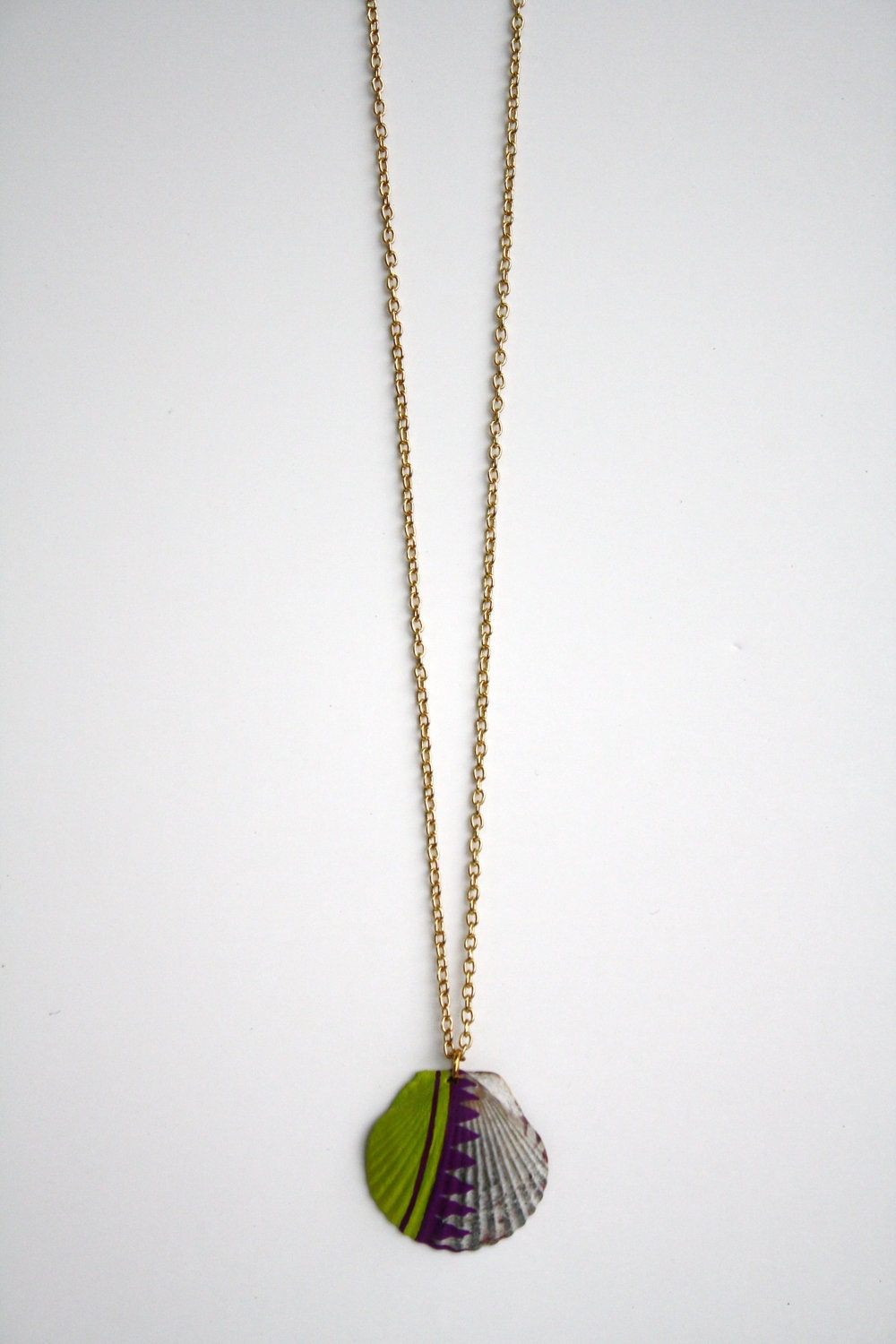 Sea Shell Necklace Pendant - Purple and Green Color Block Tribal Dipped