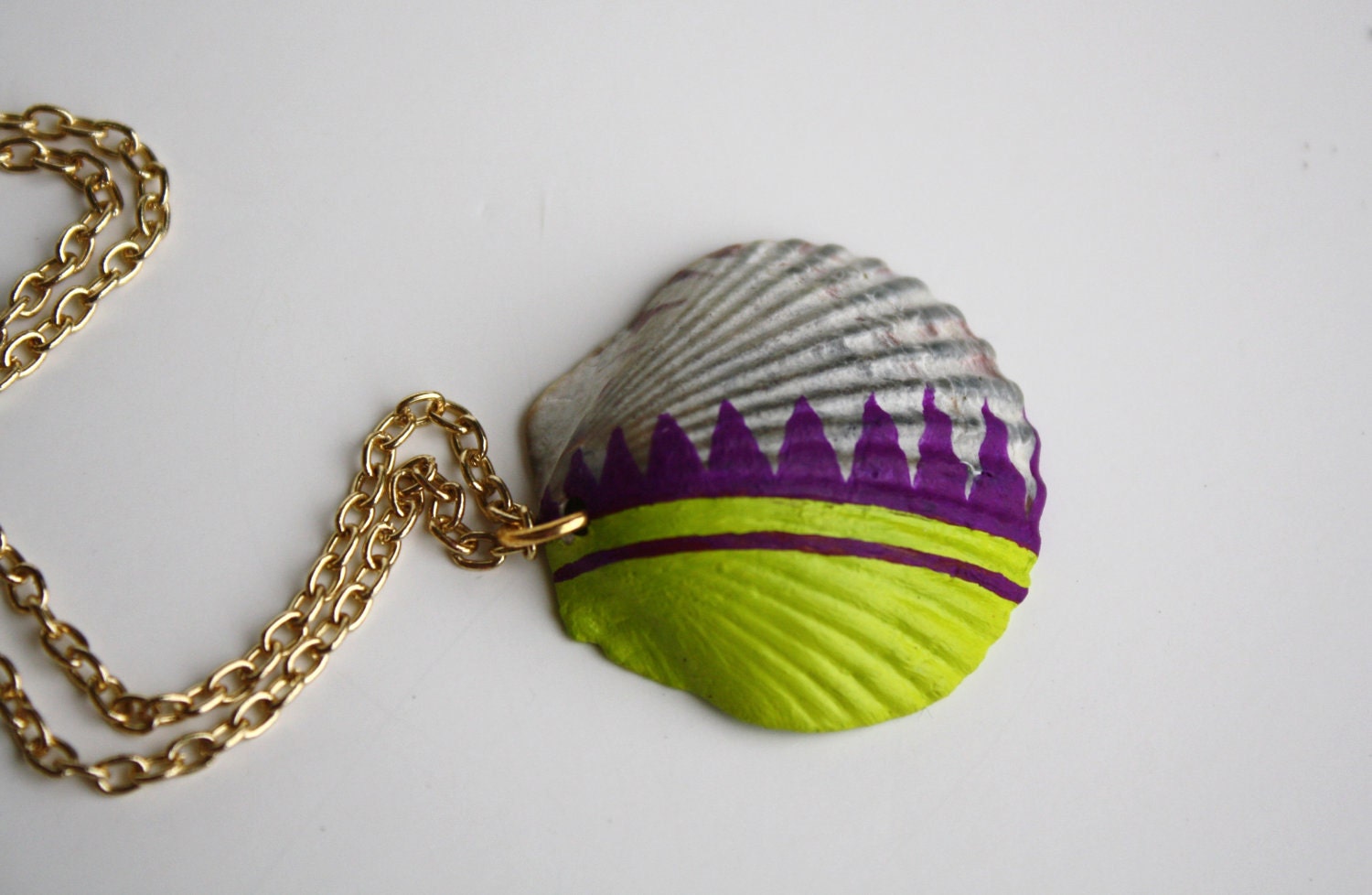 Sea Shell Necklace Pendant - Purple and Green Color Block Tribal Dipped