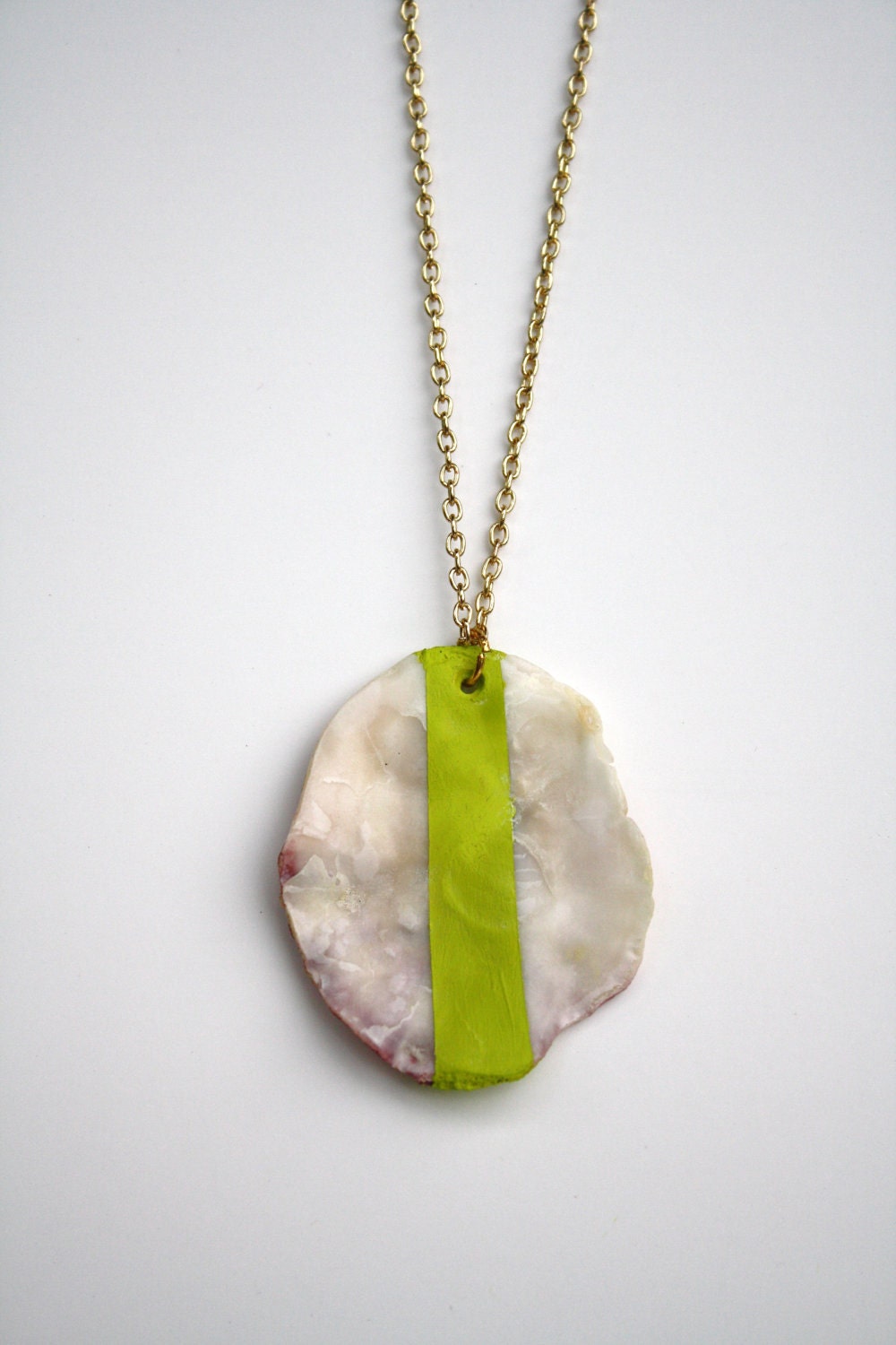 Sea Shell Necklace Pendant - Neon Lime Acid Green Striped