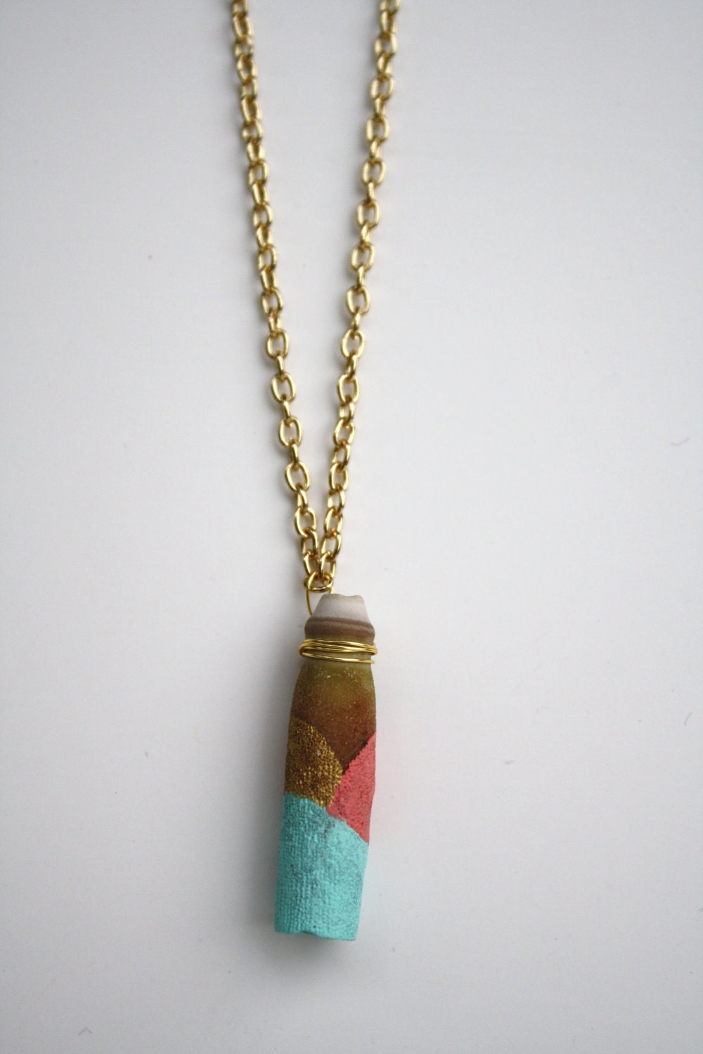 Sea Urchin Pendant Necklace - Gold, Coral Pink, Mint Green Color Block
