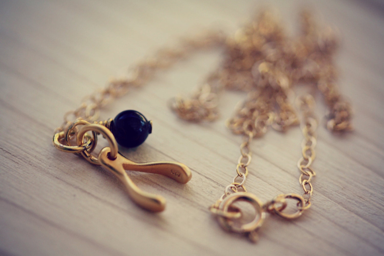 24k Gold Plated Sterling Silver Tiny Wishbone Charm with Black Swarovski Pearl on a Gold Filled Necklace Chain